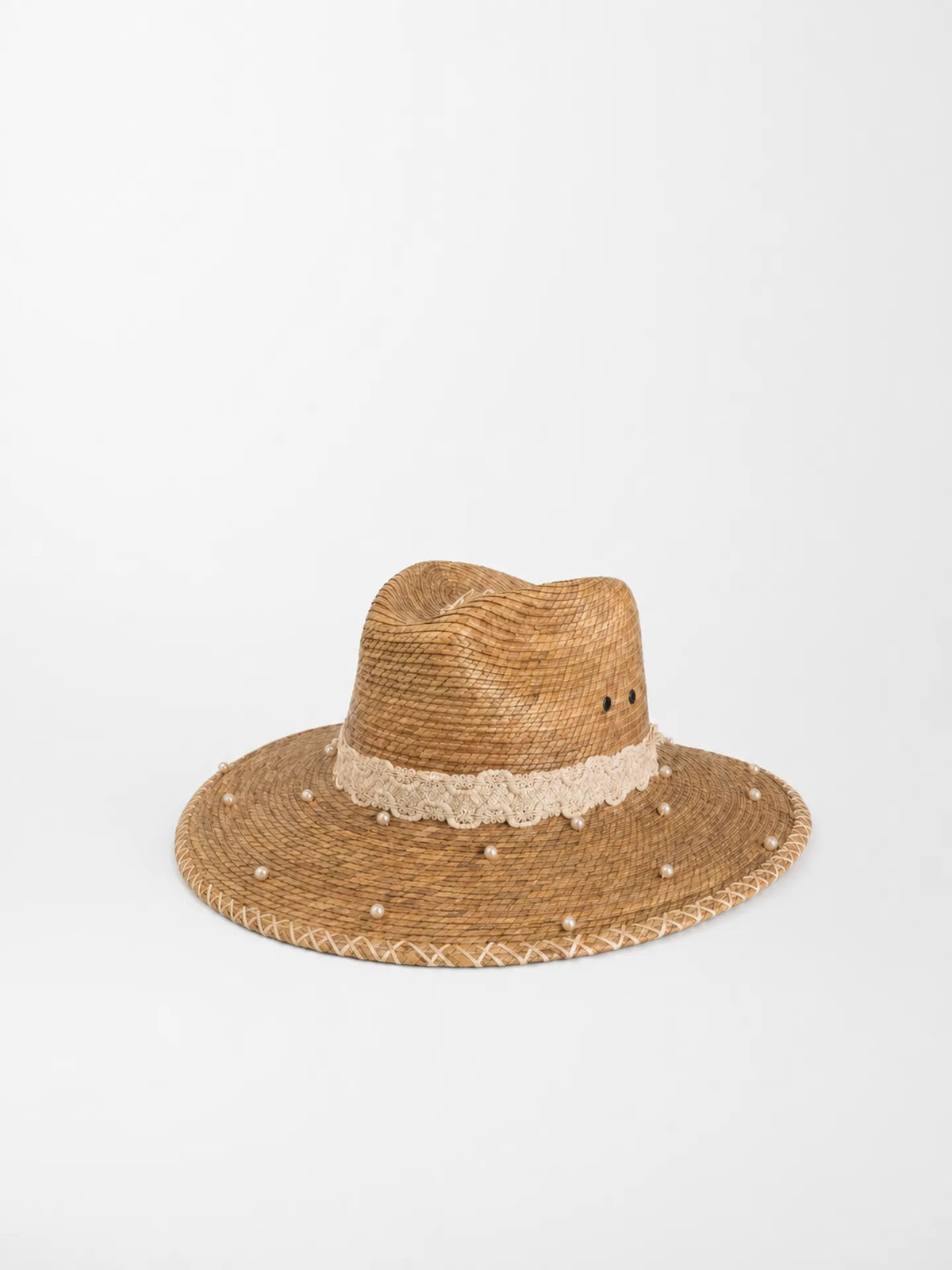 NWOT Roll-Up Straw All Season Fashion Hat with Spiral Pearl Icon Design | Wide B Pearls-embellished Straw Fedora Hat • Ruslan Baginskiy Hats  main image 4