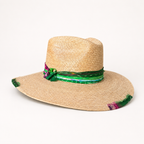 Angled rear view showing the creased crown and underside of the natural straw brim.