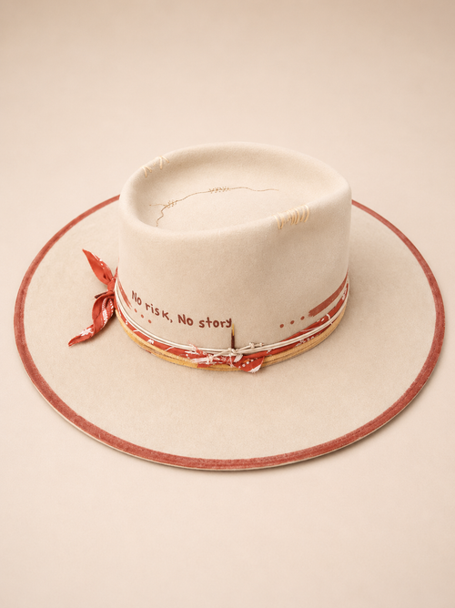 No Risk, No Story beaver felt fedora with hand-stitched crown accents and wing charm