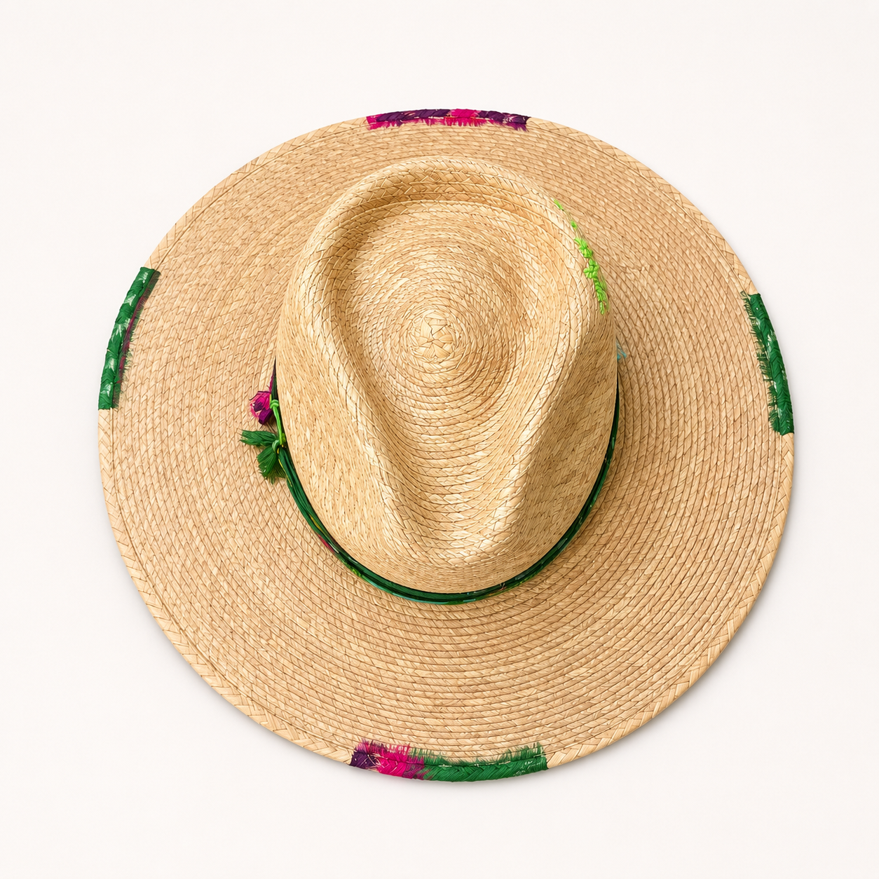 Side view highlighting the structured crown, wide brim, and layered green crown band.